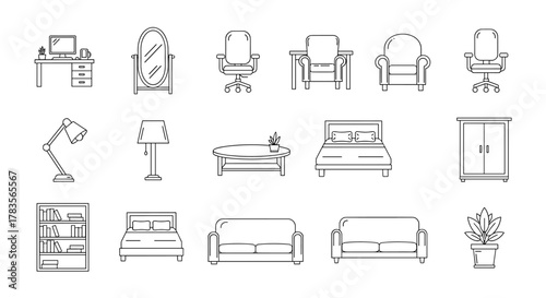 Collection of simple line art icons representing furniture and interior design elements, including a desk with computer, oval mirror, office chair, armchair, floor lamp, coffee table with plant, bed