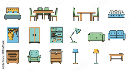Vibrant flat design vector icons of furniture, including a bed, dining table with chairs, mattress, coat hook, wardrobe, bookshelf, desk lamp, armchair, chest, floor lamps, and coffee table, perfect