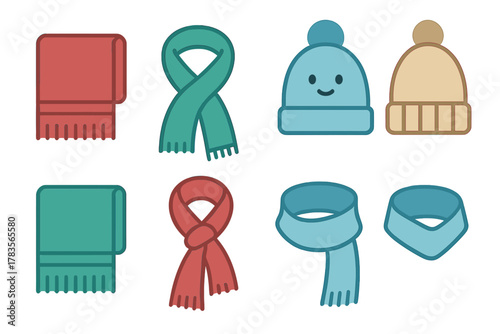 Colorful collection of winter scarves and knitted beanies, essential cold weather fashion accessories