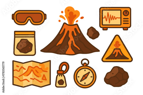 Volcanology research equipment set with seismograph, map, compass, and volcanic rocks