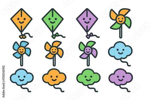 Colorful set of smiling cartoon kites, pinwheels, and happy clouds on a white background