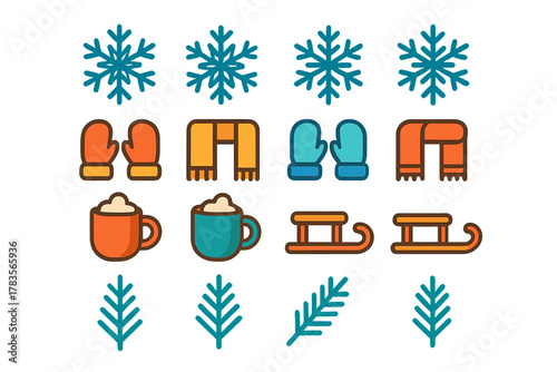 Colorful set of winter elements including snowflakes, warm clothing, hot drinks, and sleds