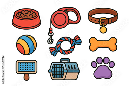 Colorful set of dog supplies and accessories including bone, leash, collar, bowl, and carrier