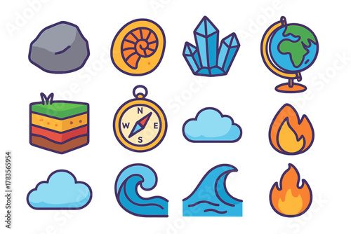 Collection of earth science and geography symbols representing geology and natural elements