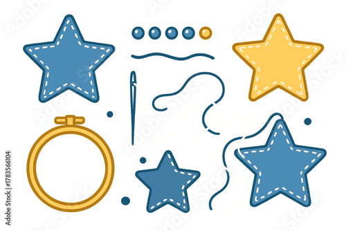 Sewing and embroidery elements set with stitched fabric stars, needle, thread, and hoop