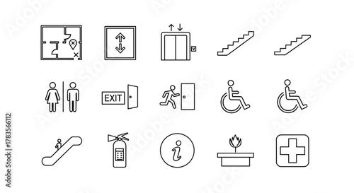 Comprehensive set of indoor navigation and safety icons in a clean, modern outline style, featuring floor plan layout, elevator, stairs, restroom signs, exit, wheelchair accessibility, escalator