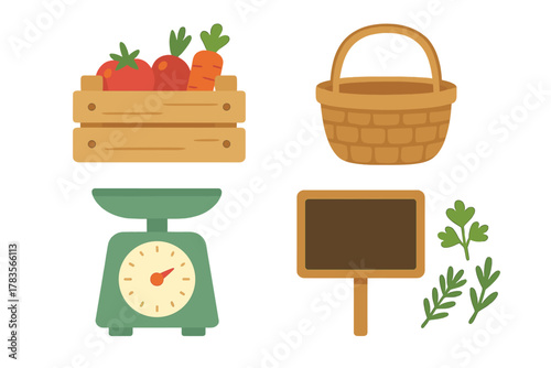Fresh farm produce and market equipment set including vegetables, basket, scale, and wooden sign