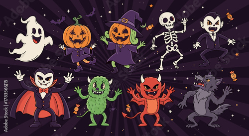 Retro groovy Halloween characters in a funky night party scene, featuring a comic spooky ghost, smiling pumpkin, witch, skeleton, vampire, green monster, devil, and werewolf, all dancing and