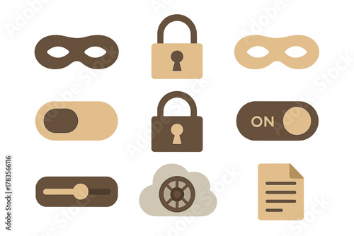 Collection of security and privacy icons including padlocks, masks, toggles, and cloud storage symbols