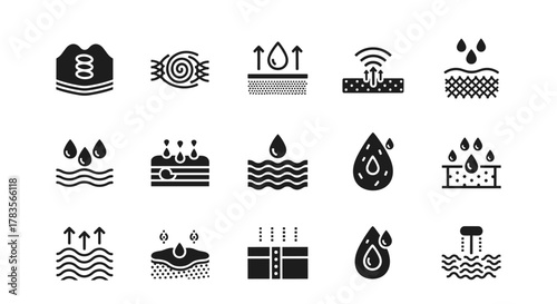 Set of bold, solid graphic illustrations representing material fiber absorption of water drops, including icons for diaper cloth layers, absorbency levels, and pictograms for fluid management