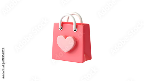 A delightful 3d illustration of a pink shopping bag with a heart motif and white handles, perfect for conveying themes of love, gifts, and retail, isolated on transparent background