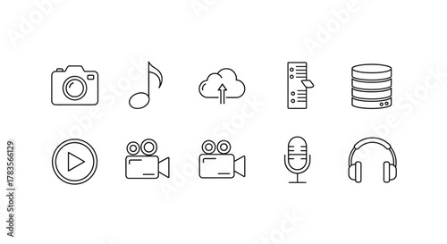 Set of clean outline icons representing multimedia and technology concepts, including a camera, musical note, cloud upload, database, play button, video cameras, microphone, and headphones, all on a