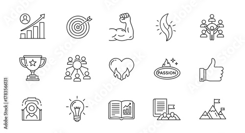 Vivid line editable icon set representing motivation, including personal growth, goal setting, perseverance, achievement, teamwork, passion, thumbs up, and more. This vector graphic collection is