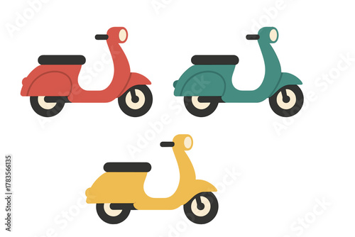 Collection of three colorful retro motor scooters isolated on a white background