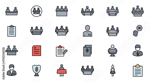 Vivid Meeting Icon Set: Featuring Seminar, Business Meeting, Presentation, Interview, Conference, Assembly, Agreement, and Discussion Icons. This collection showcases a variety of professional