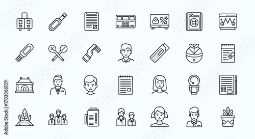 Modern Outline Icon Set for Urban Net-Zero Planning, Featuring Sustainable Technologies like Solar-Covered Parking, Bike Stations, Electric Buses, and Community Solar Initiatives, symbolizing