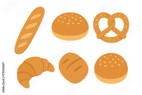 Collection of fresh baked goods including baguette, pretzel, croissant, and sesame buns