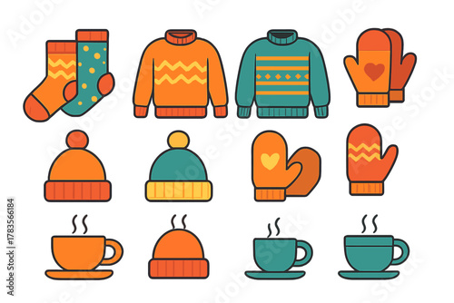 Collection of cozy winter essentials including warm clothing and hot drinks
