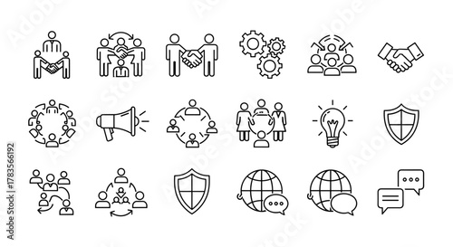 A comprehensive collection of line icons representing societal concepts, including teamwork, cooperation, and communication, presented as an editable stroke vector illustration with a clean, ordered
