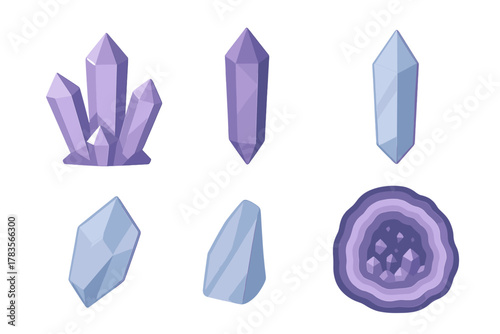 Set of natural purple and blue mineral crystals, quartz gemstones, and amethyst geode cross-section