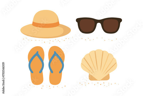 Essential summer beach vacation items set with straw hat, dark sunglasses, orange flip flops, and seashell