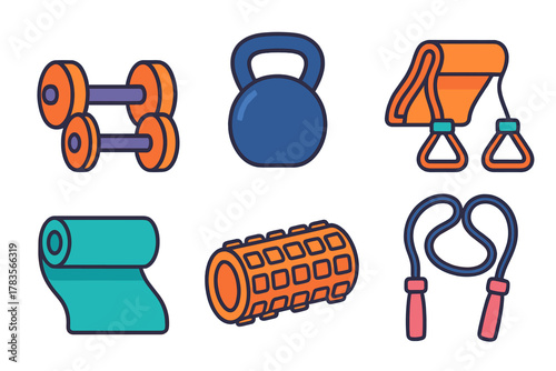 Collection of essential workout accessories for home fitness and gym training including weights and mats