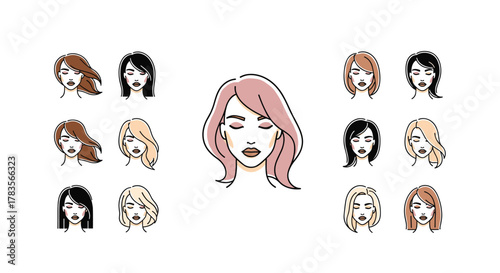 Minimalist vector cartoon illustration of diverse women's faces with various hairstyles and hair colors, set against a clean white background, representing beauty and style in a modern, ordered line
