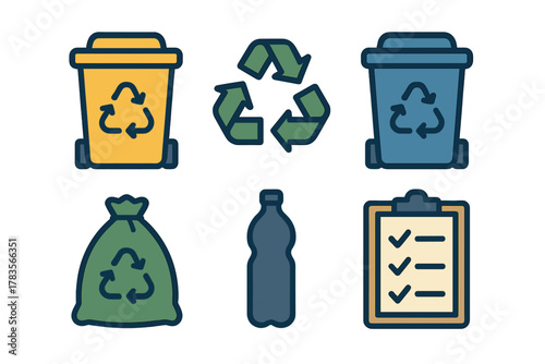 Environmental conservation and waste sorting symbols featuring recycling bins, bottles, and garbage bags