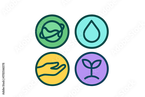 Colorful ecology and environment icons set: nature, water, growth, protection