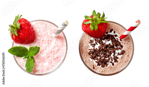 Two Delicious Milkshakes: Strawberry and Chocolate isolated on transparent background