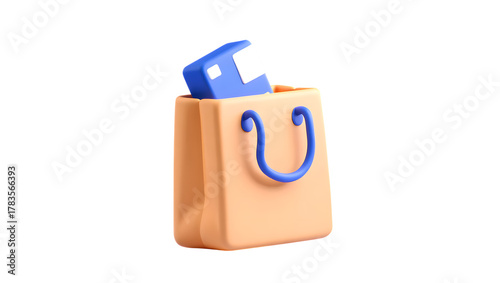 A 3d render of a shopping bag with a blue item inside, isolated on transparent background