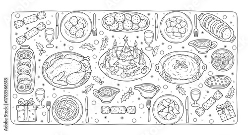 Hand-drawn doodle illustration of a festive Christmas dinner table laden with traditional food, including a roast turkey, pies, potatoes, gravy, and a decorated Christmas tree centerpiece with