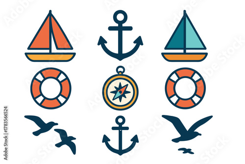 Set of maritime symbols featuring sailing boats, anchors, life rings, compass, and flying seagulls