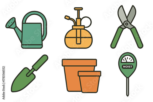 Colorful gardening equipment including watering can, pruning shears, soil meter, and flower pots