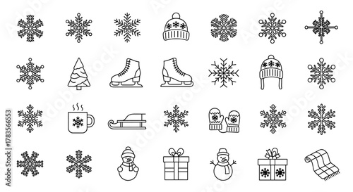 Winter Holiday Icon Set: A charming collection of line art icons featuring snowflakes, ice skates, a Christmas tree, a steaming mug, a sled, mittens, hats, snowmen, gift boxes, and a cozy scarf