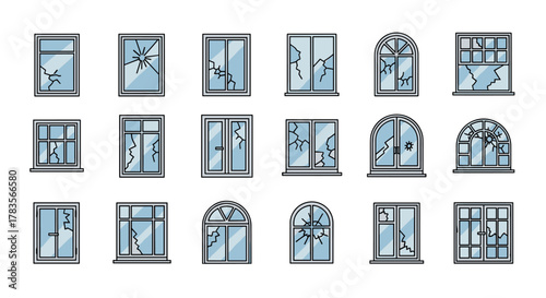Collection of minimalistic line icons representing broken windows, featuring various styles from simple cracks to shattered panes, suitable for web design, app interfaces, banners, social media