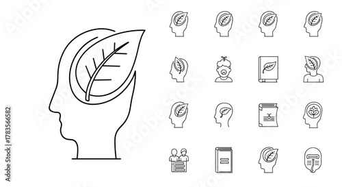 Set of linear icons depicting a human head profile with a leaf inside, symbolizing nature, growth, and environmental consciousness, suitable for graphic design, books, advertisements, and apps