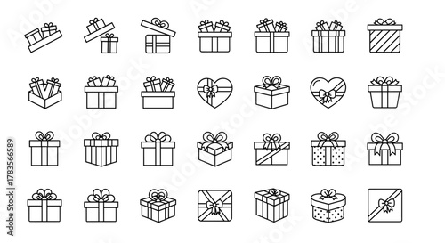 Collection of minimalistic linear pictograms representing gift boxes and presents, featuring editable strokes and clean designs, perfect for cards, apps, banners, and social media posts, symbolizing