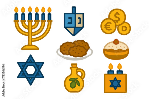 Traditional Jewish Hanukkah holiday symbols and food icons set including menorah dreidel and latkes