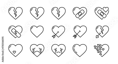 Collection of broken heart line icons, representing love, pain, and healing. Includes cracked hearts, hearts with bandages, hearts pierced by arrows, sad emoji hearts, and hearts dissolving into
