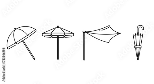 Collection of thin line icons representing various types of parasols, sunshades, and umbrellas, including beach umbrellas and a closed umbrella, perfect for web, books, cards, and apps, offering