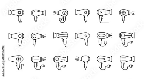Collection of minimalistic linear icons representing various hair dryers, perfect for web and graphic design, apps, banners, social networks, and cards. This vector cartoon illustration features