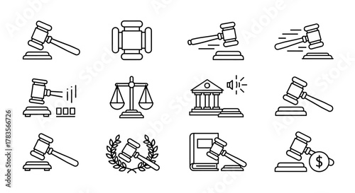 Collection of judicial gavel icons and symbols representing law, justice, and legal proceedings, perfect for infographics, articles, books, flyers, and banners, presented as editable stroke vector