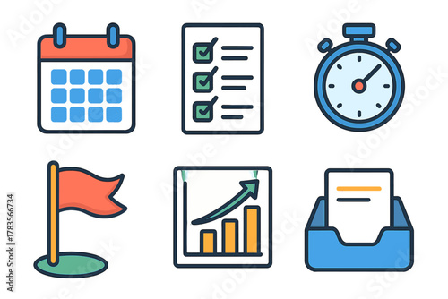 Business productivity icons featuring calendar, checklist, stopwatch, goal flag, growth chart, and inbox document