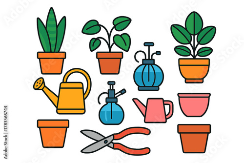 Colorful set of gardening tools, equipment, and potted indoor houseplants icons