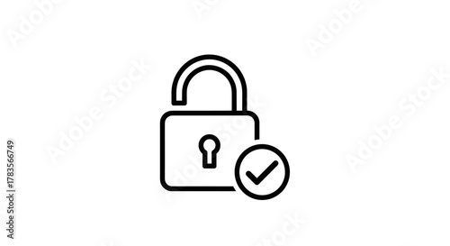 Minimalistic linear sign of an unlocked padlock with a checkmark inside a circle, symbolizing security, access granted, or successful authentication. This clean vector illustration is perfect for web