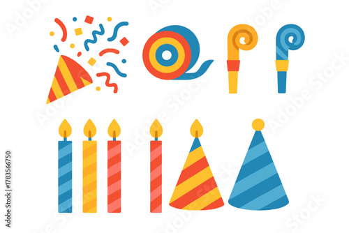 Vibrant collection of birthday party supplies: hats, lit candles, confetti popper, and blowers