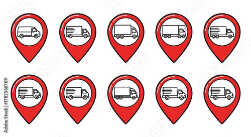 Set of ten red map pin icons, each containing a black outline illustration of a delivery truck, including vans and larger trucks, on a white background, perfect for graphic and web design, apps