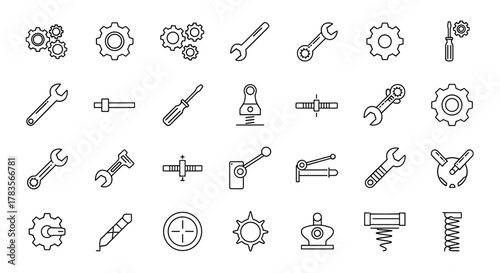 Collection of simple, isolated line icons representing mechanisms and settings, featuring editable strokes, perfect for web sites, books, cards, and apps. This vector cartoon illustration set