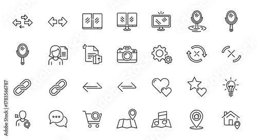 Set of 30 thin line icons representing various concepts like communication, technology, travel, and lifestyle, suitable for web, apps, and print. Includes icons for mirrors, screens, cameras, links